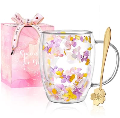 glazen koffiemokken, esthetische gedroogde bloemen kopjes met handgrepen, espressokopjes voor cappuccino koffie thee melk, geïsoleerde hittebestendige glazen mok