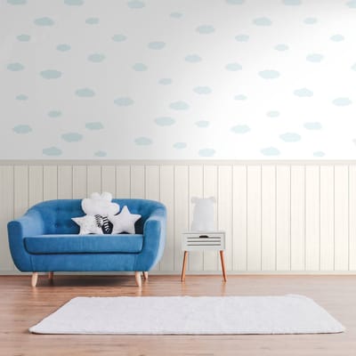 Fotobehang Profhome 398162-GU vliesbehang hardvinyl warmdruk in reliëf licht gestructureerd met kinder patroon mat wit crèmewit lichtblauw lichtgrijs 1,59 m x 2,8 m