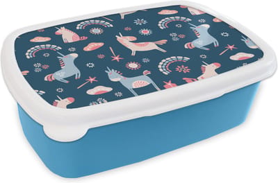 Broodtrommel Blauw - Lunchbox - Brooddoos - Unicorn - Regenboog - Patronen - 18x12x6 cm - Kinderen - Jongen