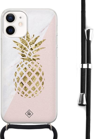 Casimoda® hoesje met koord - Geschikt voor iPhone 12 Mini - Ananas - Afneembaar koord - Siliconen/TPU - Roze