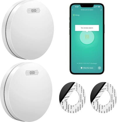 SAVS SM11W Slimme rookmelder met wifi 2-pack - 10 Jaar batterij - Tuya Smart Home app - Geen LED lampje - Montage zonder boren - Rookmelders met extra dun design - Voldoet aan Europese norm - Brandalarm