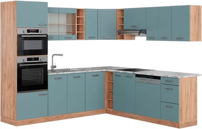 Vicco Hoekkeuken R-Line, Blauw-grijs/Goudkleurig Eiken, 247 x 237 cm, WB Marmer