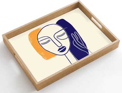 Dienblad hout 50x35 cm - Schootdienblad - Minimalistisch - Gezicht - Hand - Oranje - Blauw - Borrelplank rechthoek - Plateau dienbladen