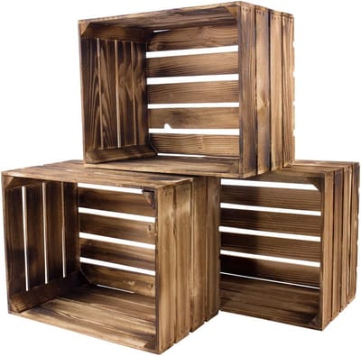 3x Houten Fruitkisten Mobiele Opslag en Decoratie 50x40x30cm - Gebrande Hout Juter Kisten