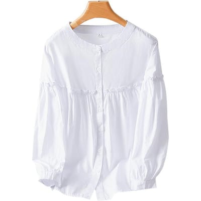 Haut à col rond pour femme Dernière version coréenne Tendance Coupe confortable et fine Bordure champignon Blouse en pur coton XXL white