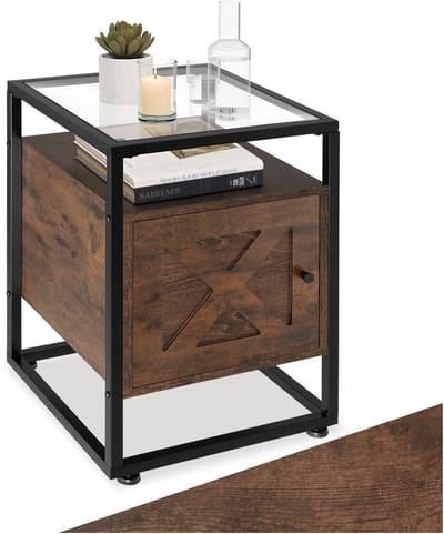 tectake® Bijzettafel met kast en 2 niveaus - Met glazen blad - Nachtkastje in industrieel design - Voor woonkamer, slaapkamer, kantoor, hal - Zwart metalen frame - Afmeting (LxBxH) 40 x 43 x 60,5 cm - Donkerbruin