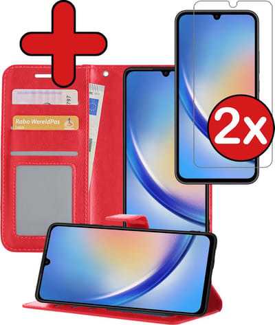 Hoesje - Met 2x Screenprotector - Geschikt voor Samsung Galaxy A34 - Luxe Pasjeshouder - Flip Case - Bookcase Portemonee - Kunstleer Book Case - Flipcase Hoes - Book Cover - Walletcase - Portemonneehoes - Telefoonhoes - Rood