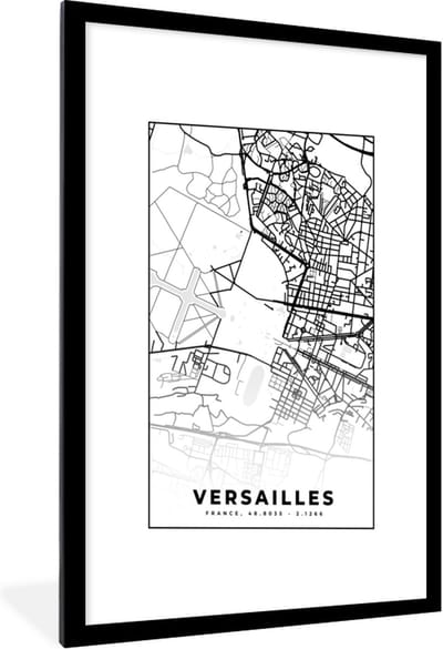 Fotolijst incl. Poster Zwart Wit- Kaart - Stadskaart - Versailles - Frankrijk - Plattegrond - Zwart wit - 60x90 cm - Posterlijst