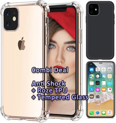 HB Hoesje Geschikt voor Apple iPhone 11 - Combi Deal - Anti Shock Back Cover Transparant - Back Cover Zwart / Glazen Screenprotector