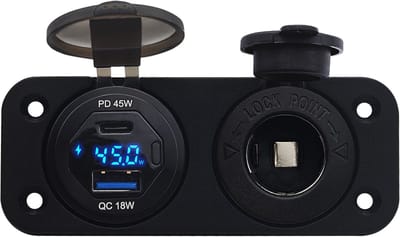 ProRide 12V USB/USB C Autolader 2 Poorten Inbouw met Wattagemeter - 45W/QC3.0 - met 12/24V Sigaretten stopcontact - Blauw