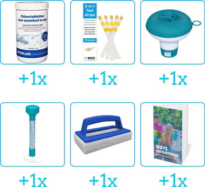 Zwembad Onderhoudspakket - Onderhoud Zwembad - bevat Chloor - Testrips - Chloordrijver - Thermometer - Scrubborstel en Zwembadgids (6-delig)