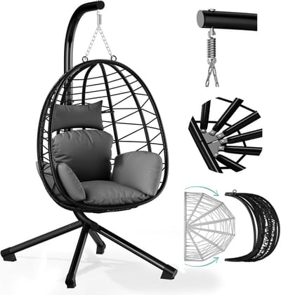 IBBO® - Egg Hangstoel - Hangstoel met standaard - Egg Chair - tot 150kg - Hangstoel met grijs kussen Grijs - Zwart