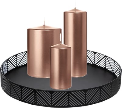 Wiedemann Cilinderkaarsen - stompkaarsen set - op zwart dienblad van metaal - 3x stuks - rose goud - 6 x 12 - 10x15 - 7x20 cm