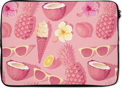 Laptophoes 14 inch - Zomer - Patroon - Roze - Laptop sleeve - Binnenmaat 33x23 cm - Zwarte achterkant