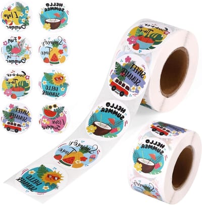 1000 Stuks Zomer Stickers - 38mm Ronde Watermeloen, Kokosnoot en Palm Thema Stickers voor Kinderen, Tropische Hawaii Feestdecoratie en Cadeauverpakking