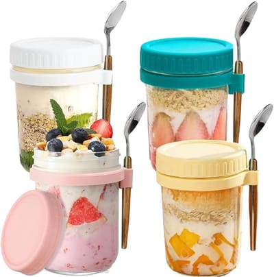 ZRSS® Overnight Oats Potjes - 4 Stuks - Glazen Potjes met Deksel - Muesli Beker - Yoghurtbeker - Met Deksel en Lepel - 350 ml