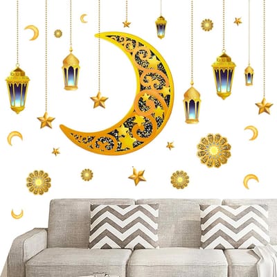 Eid Mubarak Muurstickers voor Ramadan - Zelfklevende Decoratie met Halve Maan en PVC Wandkunst voor Feestdagen en Interieurdecoratie