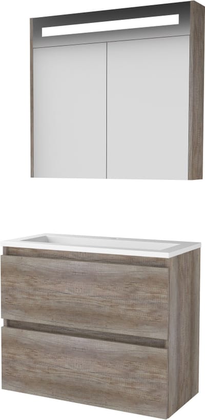 Basic Premium 39 badmeubelset met spiegelkast met geïntegreerde LED verlichting, greeploze wastafelonderkast met 2 lades en acryl wastafel met 1