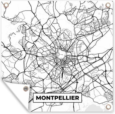 Tuin poster Montpellier - Stadskaart - Plattegrond - Kaart - Frankrijk - Zwart wit - 200x200 cm - Tuindoek