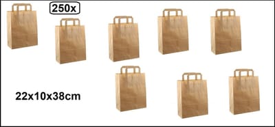 250x Papieren tas 22x10x38cm bruin kraft met platte handgreep - tas papier draagtas food tas