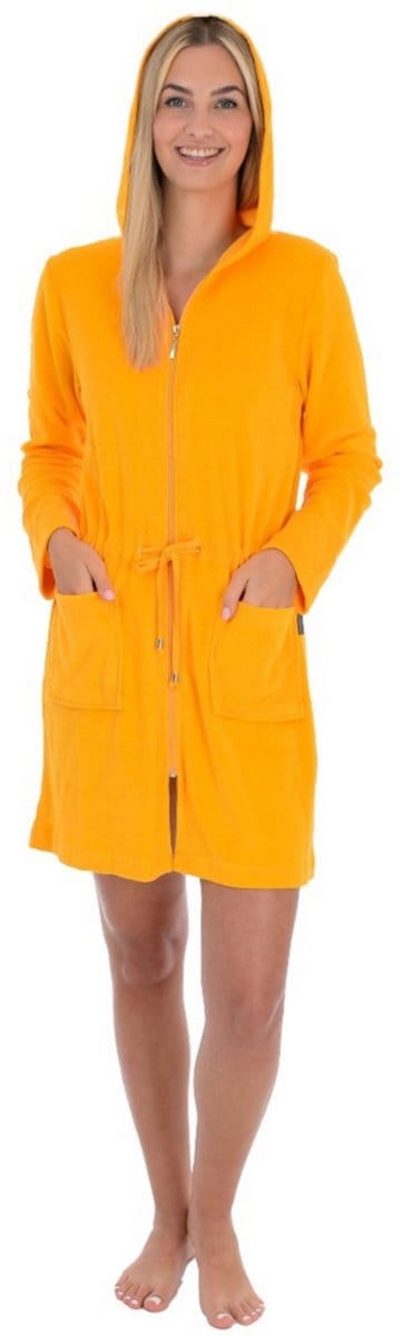 Rits badjas sauna - dunne dames badjas - dames badjas met ritssluiting - kort model met capuchon - sauna - lichtgewicht - okergeel - maat S