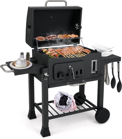 COSTWAY houtskoolgrill, grillwagen met deksel, wielen, 2 inklapbare zijtafels, grillrooster, thermometer, 6-voudige houtskoolhouder en opbergvak, staande grill, kolengrillwagen