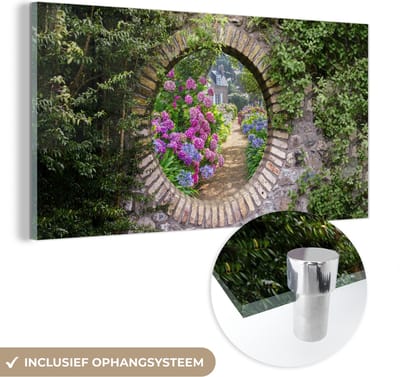 MuchoWow® Glasschilderij 40x20 cm - Schilderij acrylglas - Doorkijk - Bloemen - Hortensia - Zomer - Foto op glas - Schilderijen