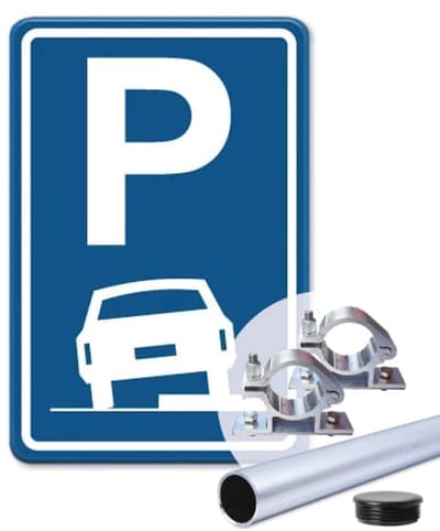 Parkeerbord op de stoep/berm parkeren E08a - blauw - Weerbestendig Aluminium - 30x45 cm - Bevestiging: Met paal 150 cm + paalbeugels + paaldop