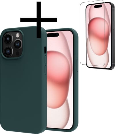 Hoesje - Met Screenprotector - Geschikt voor Apple iPhone 15 Pro - Sterk & Shockproof - Back Cover - Siliconen Case - Telefoon Hoes - Donkergroen