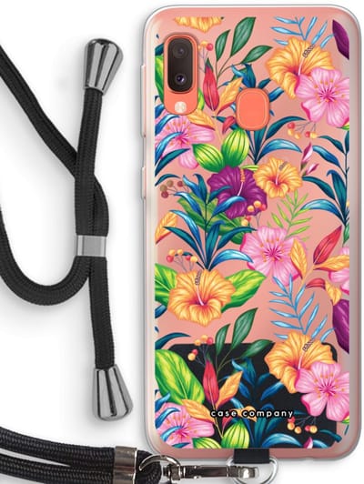 Case Company® - Hoesje met koord geschikt voor Samsung Galaxy A20e hoesje met Koord - Tropisch 2 - Telefoonhoesje met Zwart Koord - Bescherming aan alle Kanten en Over de Schermrand
