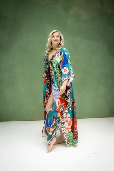 Luxe kaftan kimono - strandjurk - Wings of paradise - one size - lang model - pauw en bloemendesign