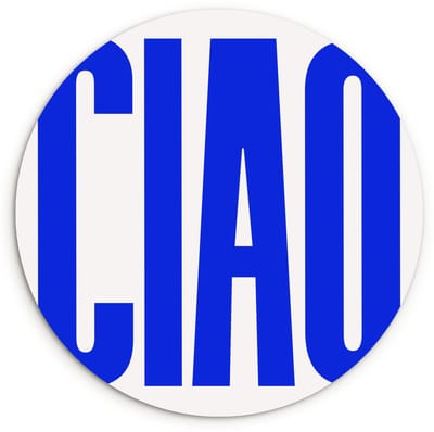 WallCircle® Wandcirkel 120x120 cm - Muurcirkel Ciao - Hoofdletters - Blauw - Minimalistisch - Muurdecoratie woonkamer - Wanddecoratie slaapkamer - Kamer decoratie accessoires - Ronde schilderijen XXL