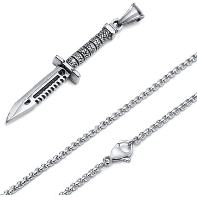 Vnox Coole Punk D Dolk Kettingen voor Mannen, Hip Hop Roestvrij Staal Stiletto Hanger Mannelijke Halsketting Cadeau Sieraden 50cm white