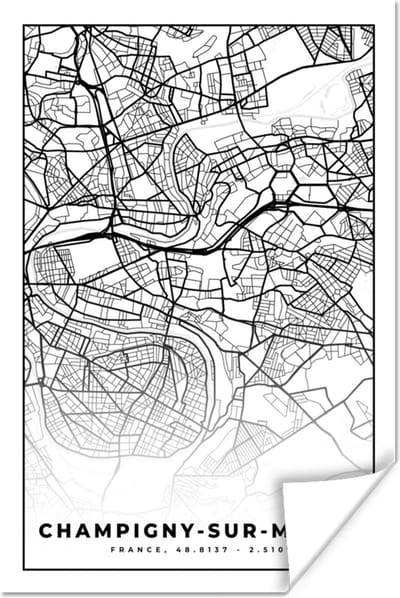 Poster Kaart - Plattegrond - Champigny-sur-Marne - Frankrijk - Stadskaart - Zwart wit - 120x180 cm XXL