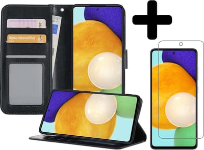 Hoesje - Met Screenprotector - Geschikt voor Samsung Galaxy A52 5G - Luxe Pasjeshouder - Bookcase Portemonee - Flip Case - Kunstleer Book Case - Flipcase - Book Cover - Walletcase - Portemonneehoes - Telefoonhoesjes - Zwart