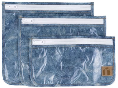 Roamio by Bumkins Clear Front Travel Bags - Reistasjes met Doorzichtig Venster - Set van 3 in 3 Formaten - Toilettasje, Make-up Etui en Reis Organizer - Met Rits - Waterdicht - Crushed Denim - Jeansblauw