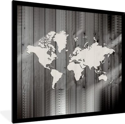 Poster in lijst - Fotolijst 40x40 cm - Posters - Wereldkaart - Hout - Zwart - Wit - Posterlijst zwart - Decoratie - Wanddecoratie woonkamer - Muurdecoratie slaapkamer