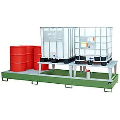 Opvangbak Bauer AWA 32, staal, groen, L 3850 x B 1460 x H 780 mm, 1000 l, voor 3 x 1000 l IBC, 2 vulstukken, 1 rooster