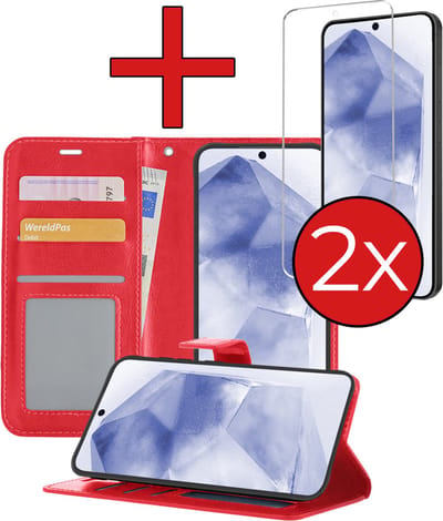 Hoesje - Met 2x Screenprotector - Geschikt voor Samsung Galaxy A55 - Luxe Pasjeshouder - Flip Case - Bookcase Portemonee - Kunstleer Book Case - Flipcase Hoes - Book Cover - Walletcase - Portemonneehoes - Telefoonhoes - Rood