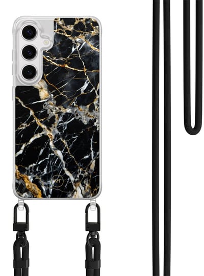 Hoesje met koord geschikt voor Samsung Galaxy S24 - Black marble elegance - Inclusief Zwart koord - Crossbody beschermhoes - Transparant, Zwart, Goud - Mooie Telefoonhoesjes