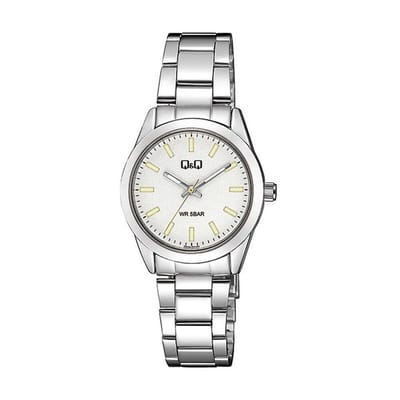 Q&Q Q82A-001PY - Horloge - Analoog - Dames - Vrouwen - stalen band - Rond - Metaal - Streepjes - Zilverkleurig - Wit - 5 ATM