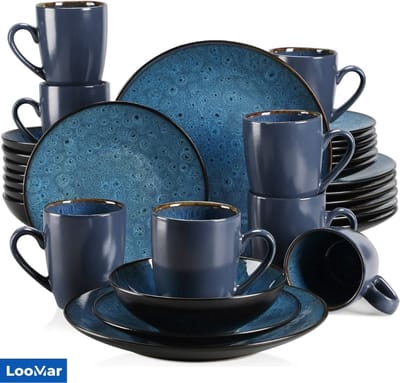 LooMar Serviesset – 32 delig – 8 persoons – Keramiek - Luxe – Blauw– Bordenset – Dinner platen – Dessertborden - Bubble