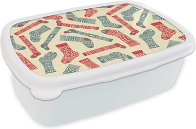 Broodtrommel Wit - Lunchbox - Brooddoos - Kerst - Sokken - Patronen - 18x12x6 cm - Volwassenen