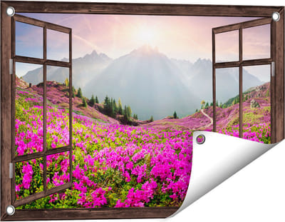 Gards Tuinposter Doorkijk Rhododendron Bloemenveld in de Alpen - 60x40 cm - Tuindoek - Tuindecoratie - Wanddecoratie buiten - Tuinschilderij