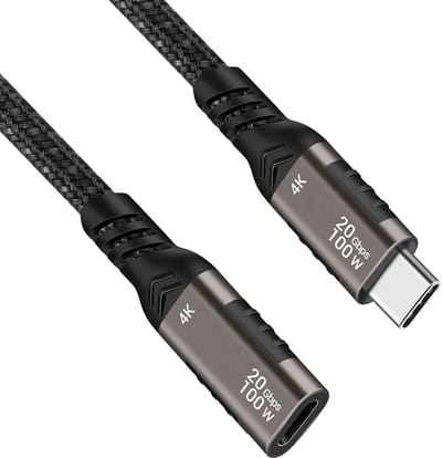 USB C kabel | Laadsnelheid 20V / 5A / 100 watt | USB 3.2 gen 2 | 20 Gb/s | 4K | Type C naar C | Male to female | Power delivery | Snelladen | E-Marker IC chip | Zwart | 1 meter | Allteq