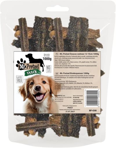 Mr. Pretzel – Runderpens voor honden – 1000 g – Stukken 12–15 cm – 100% natuurlijk – Graanvrij – Tandverzorging & Kauwplezier – Hypoallergeen