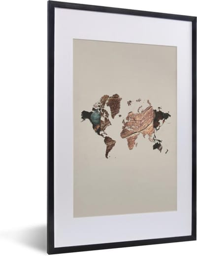 Poster in lijst - Fotolijst 40x60 cm - Posters - Wereldkaart - Hout - Boom - Posterlijst zwart - Decoratie - Wanddecoratie woonkamer - Muurdecoratie slaapkamer