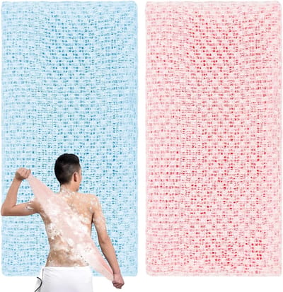 Set van 2 Exfoliërende Douchetowels voor Lichaamsreiniging en Massage - Extra Lange Scrubdoeken voor Mannen en Vrouwen (Blauw en Roze)