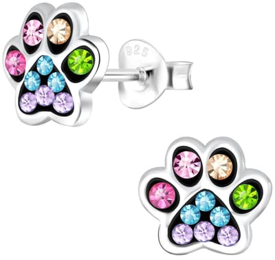 Joy|S - Zilveren kat hond dierenpoot oorbellen - 8 mm - zwart met multicolor kristal - poot afdruk