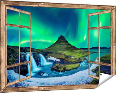 Gards Tuinposter Doorkijk Noorderlicht bij de Watervallen in IJsland - 150x100 cm - Tuindoek - Tuindecoratie - Wanddecoratie buiten - Tuinschilderij
